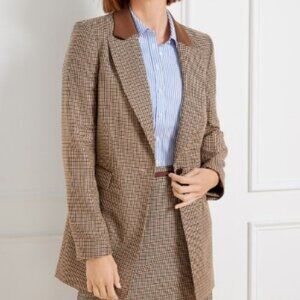 Talbots Brown Houndstooth Skirt Suit Set Leather Trim Blazer 16P